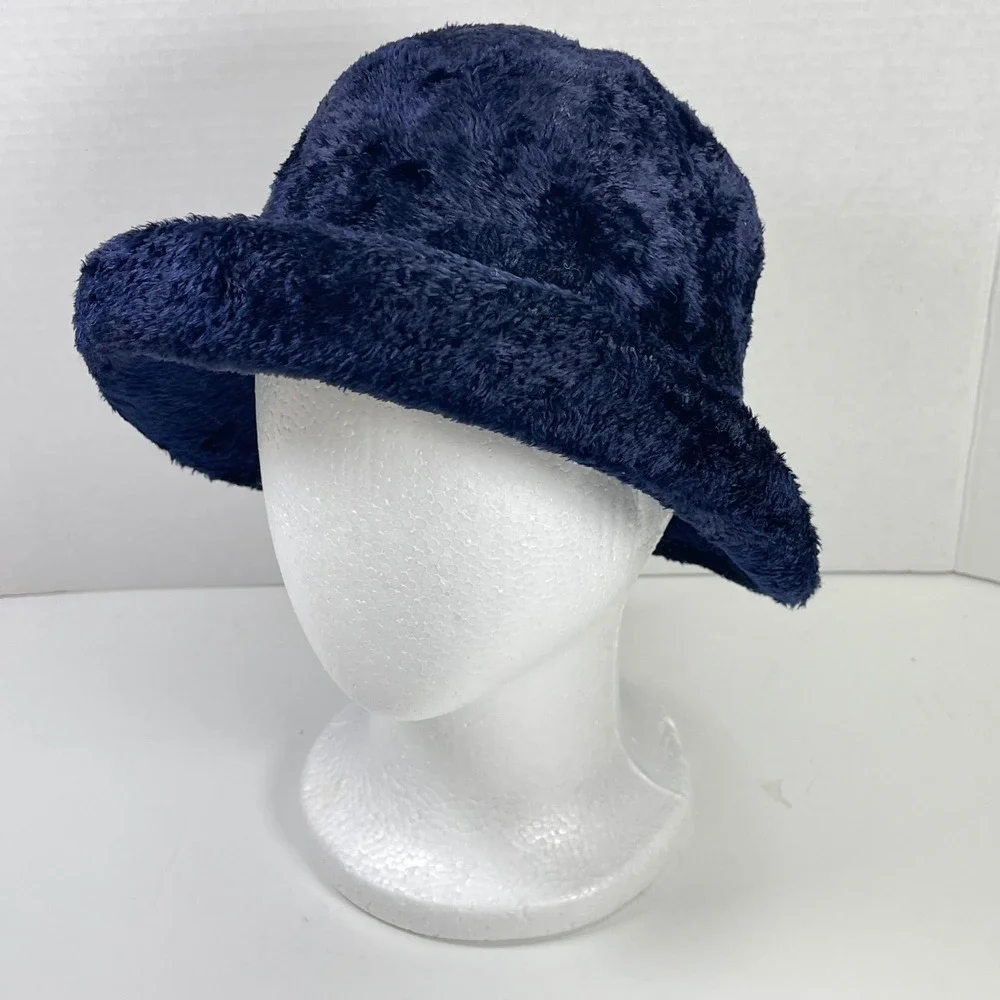 Vintage Liz Claiborne Faux Fur Chenille Bucket Hat Navy Blue Plush Fuzzy Retro